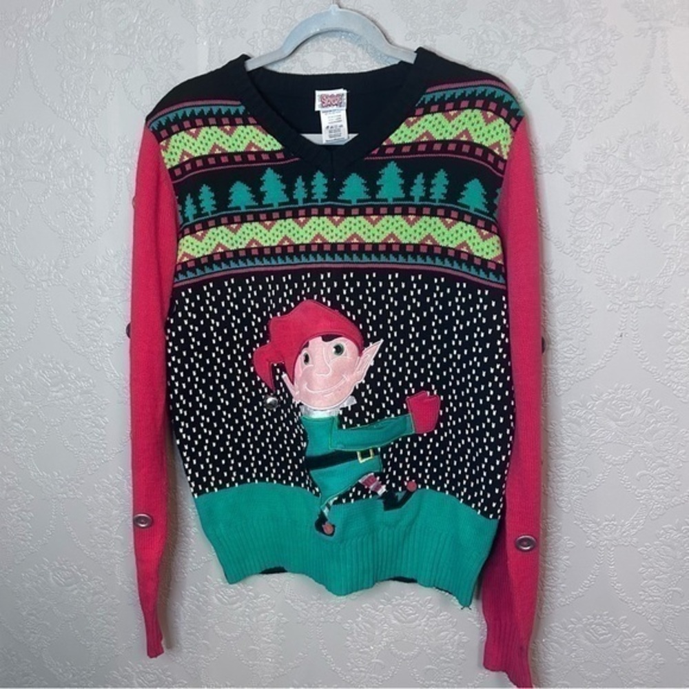 Spencera Christmas Sweater L Large Elf with drink holder in front bells buttons